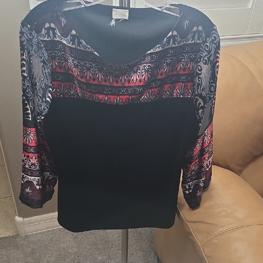 Chico's Black and Red Artistic Women's Blouse
